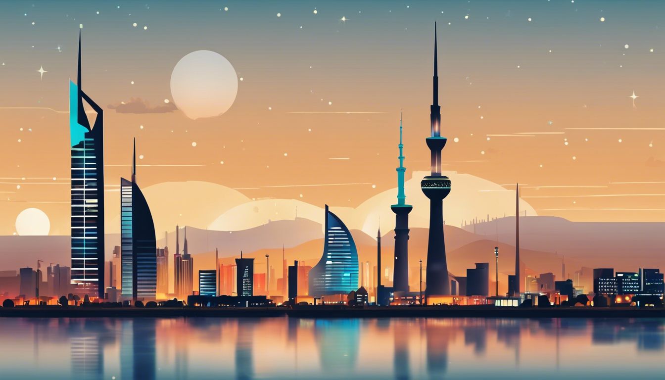 A scenic view of Kuwait City skyline with mobile network towers.