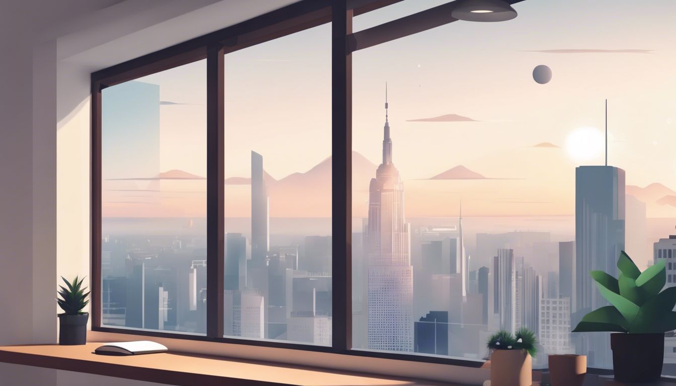 A peaceful workspace with smartphone reminders, cityscape photography, and urban scenery.