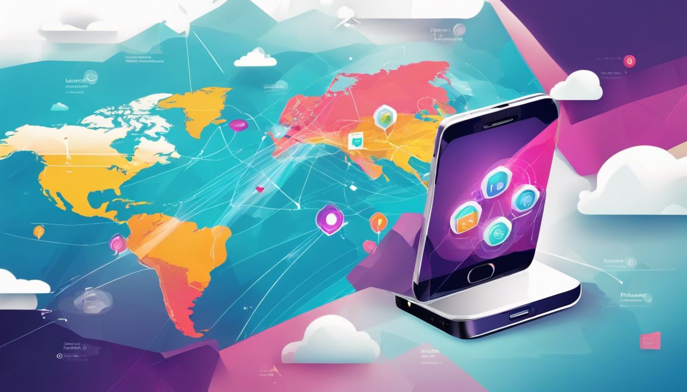 A smartphone displaying global map with SMS notifications and aerial photography.