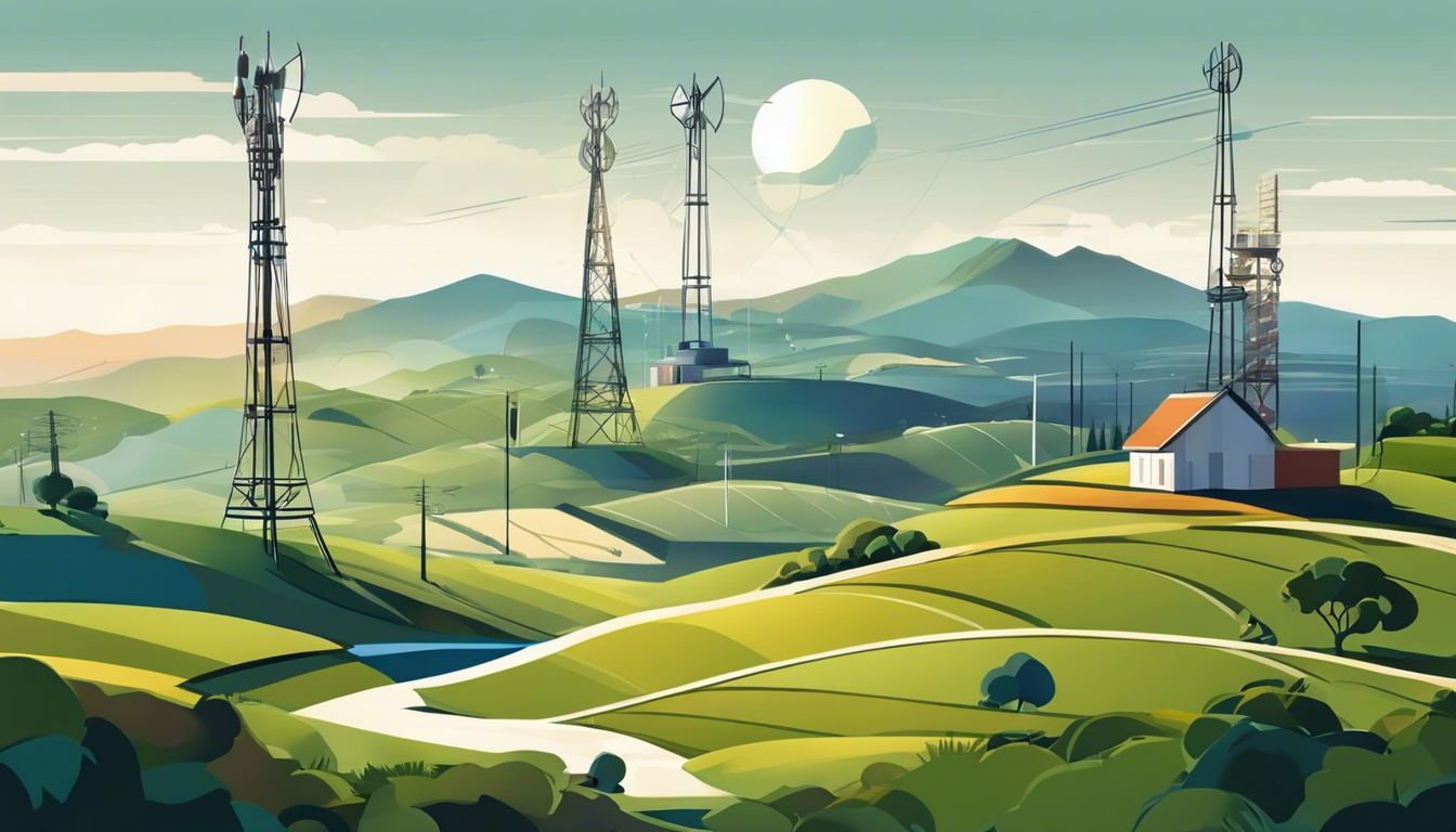An intricate network of radio towers and computer systems in a rural setting.